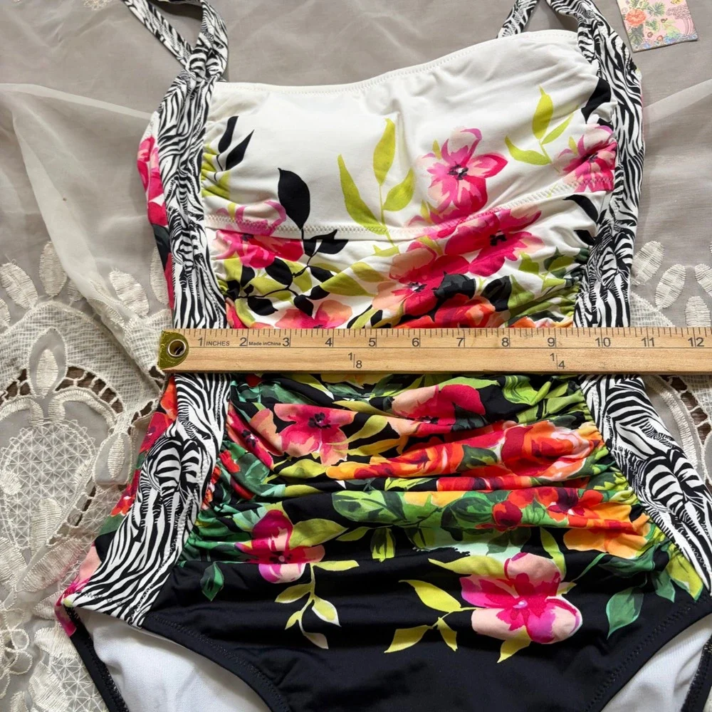 Johnny Was California Floral Zebra Ruched One Piece Swimsuit Multicolor Medium
